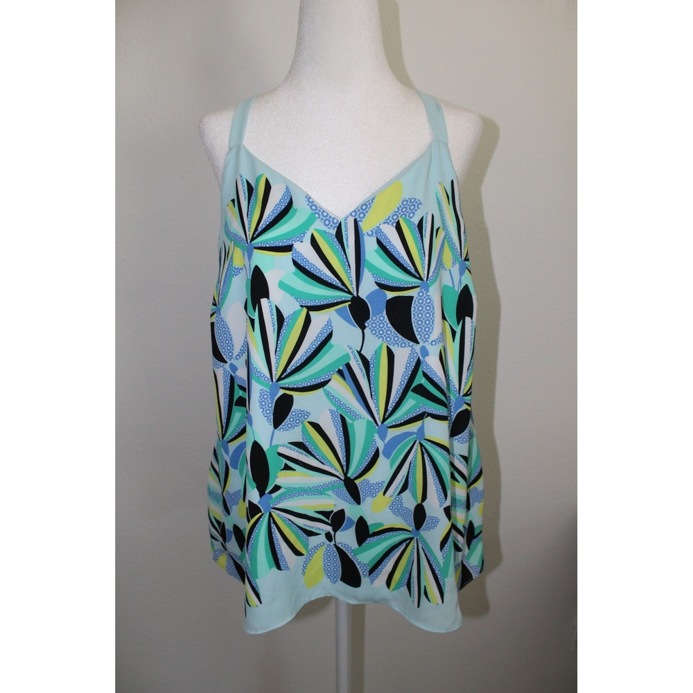 Kaari Blue Womens Aqua Abstract‎ Floral V-Neck Y-Back Camisole Tank Top Large